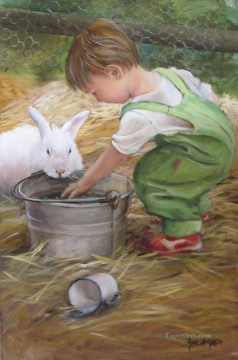 boy holding a flute Painting - boy with rabbit pet kids